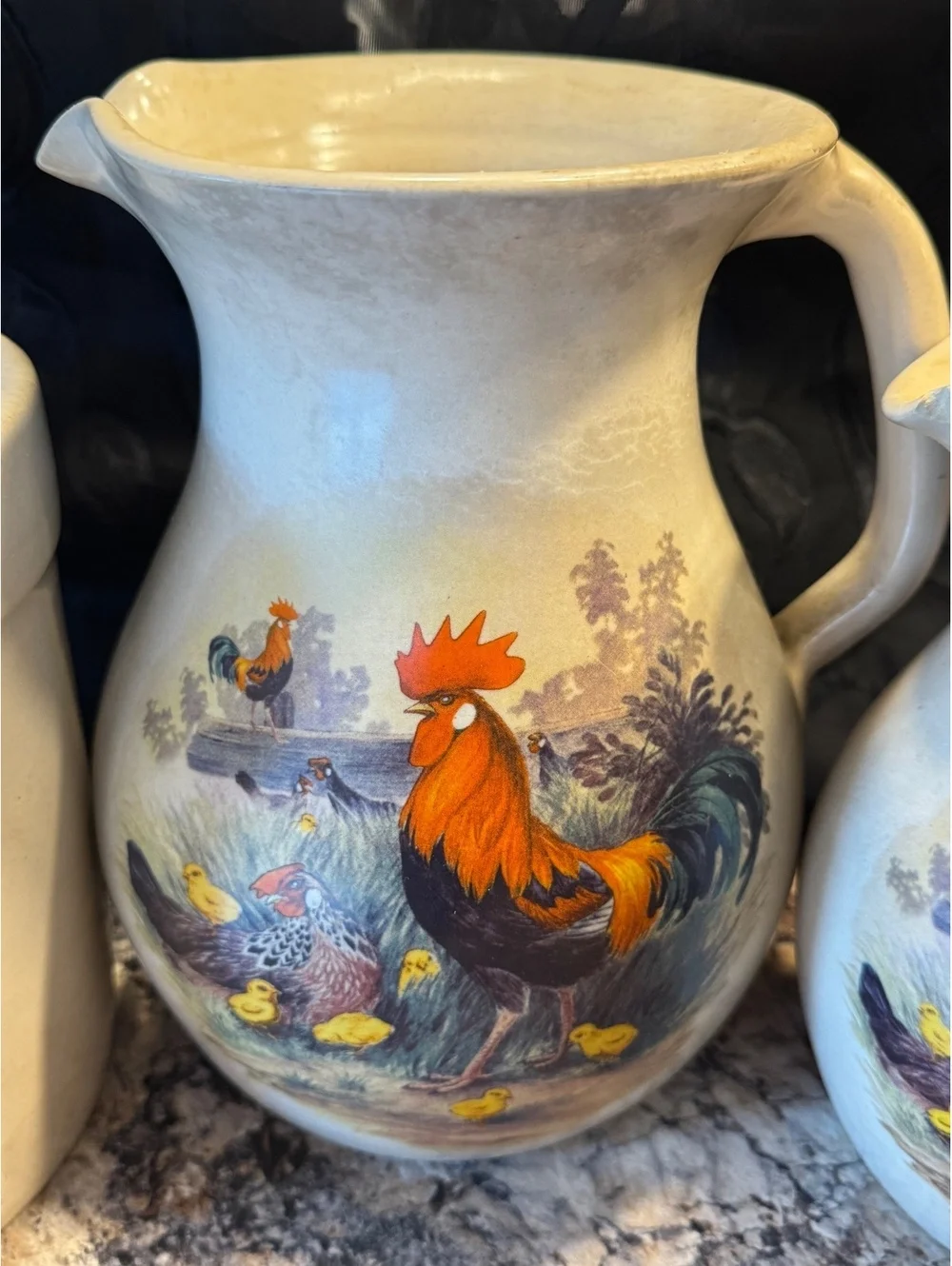 Vintage Shaker & Thangs Pottery Rooster Pitcher and Crock Set